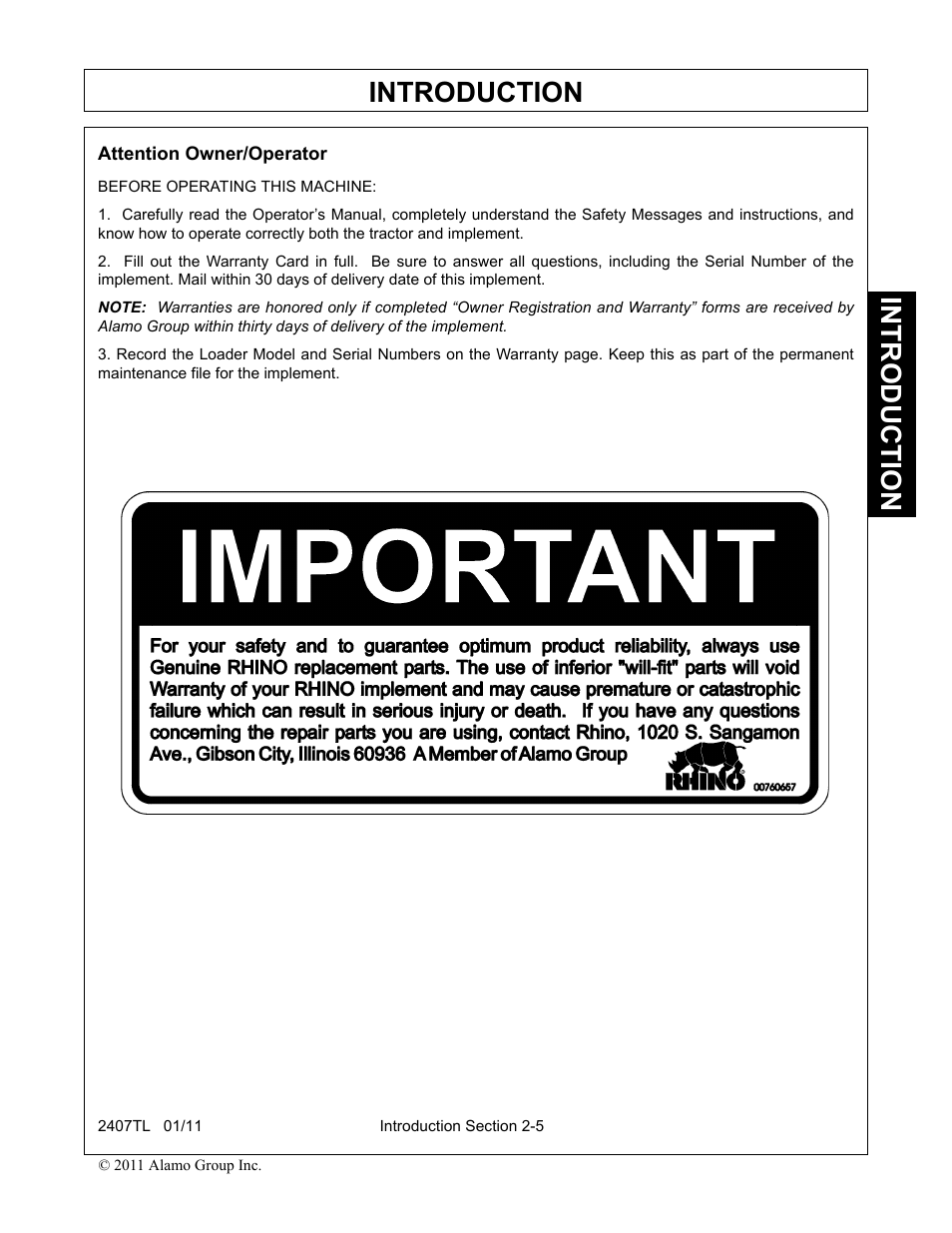 Attention owner/operator, Introduction | Servis-Rhino 2407TL User Manual | Page 31 / 100