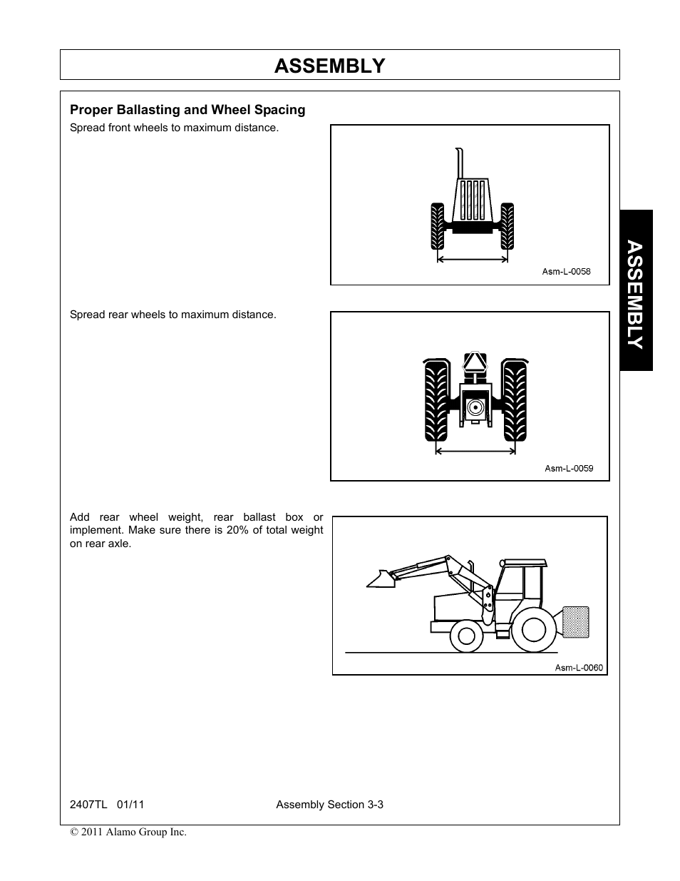 Proper ballasting and wheel spacing, Proper ballasting and wheel spacing -3, Assembly | Assembl y | Servis-Rhino 2407TL User Manual | Page 35 / 100