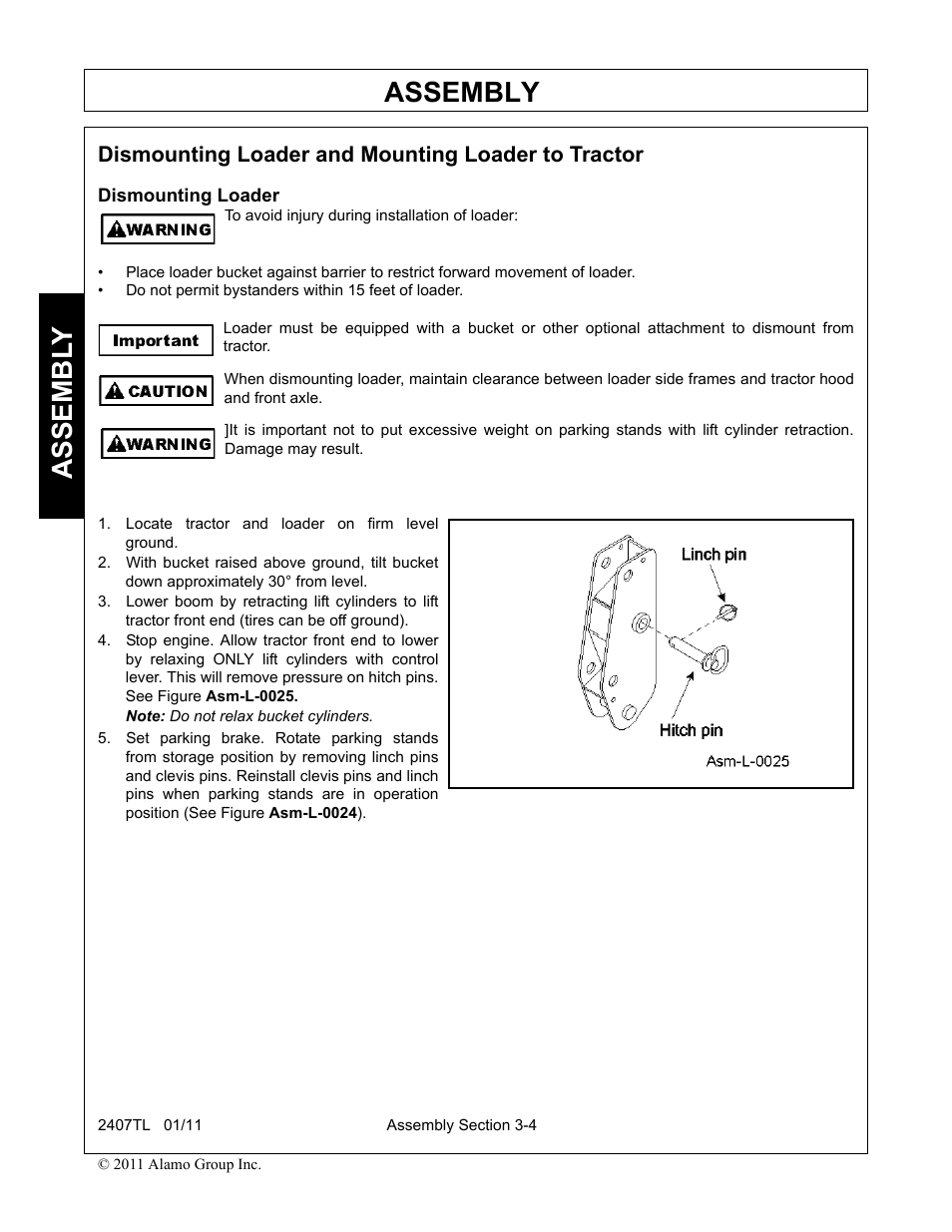 Dismounting loader and mounting loader to tractor, Dismounting loader, Locate tractor and loader on firm level ground | Assembly, Assembl y | Servis-Rhino 2407TL User Manual | Page 36 / 100