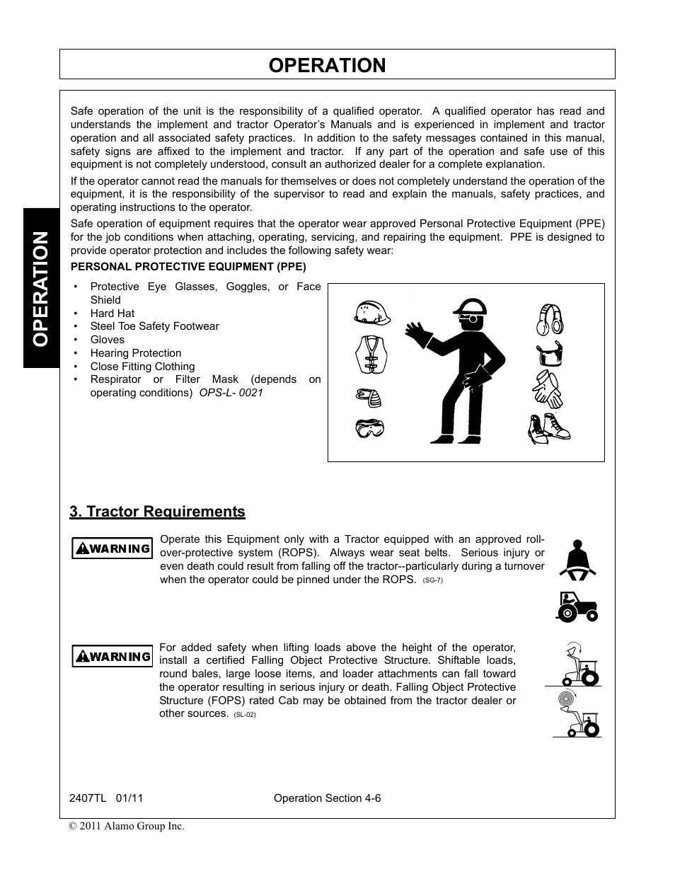 Tractor requirements, Tractor requirements -6, Operation | Opera t ion | Servis-Rhino 2407TL User Manual | Page 46 / 100