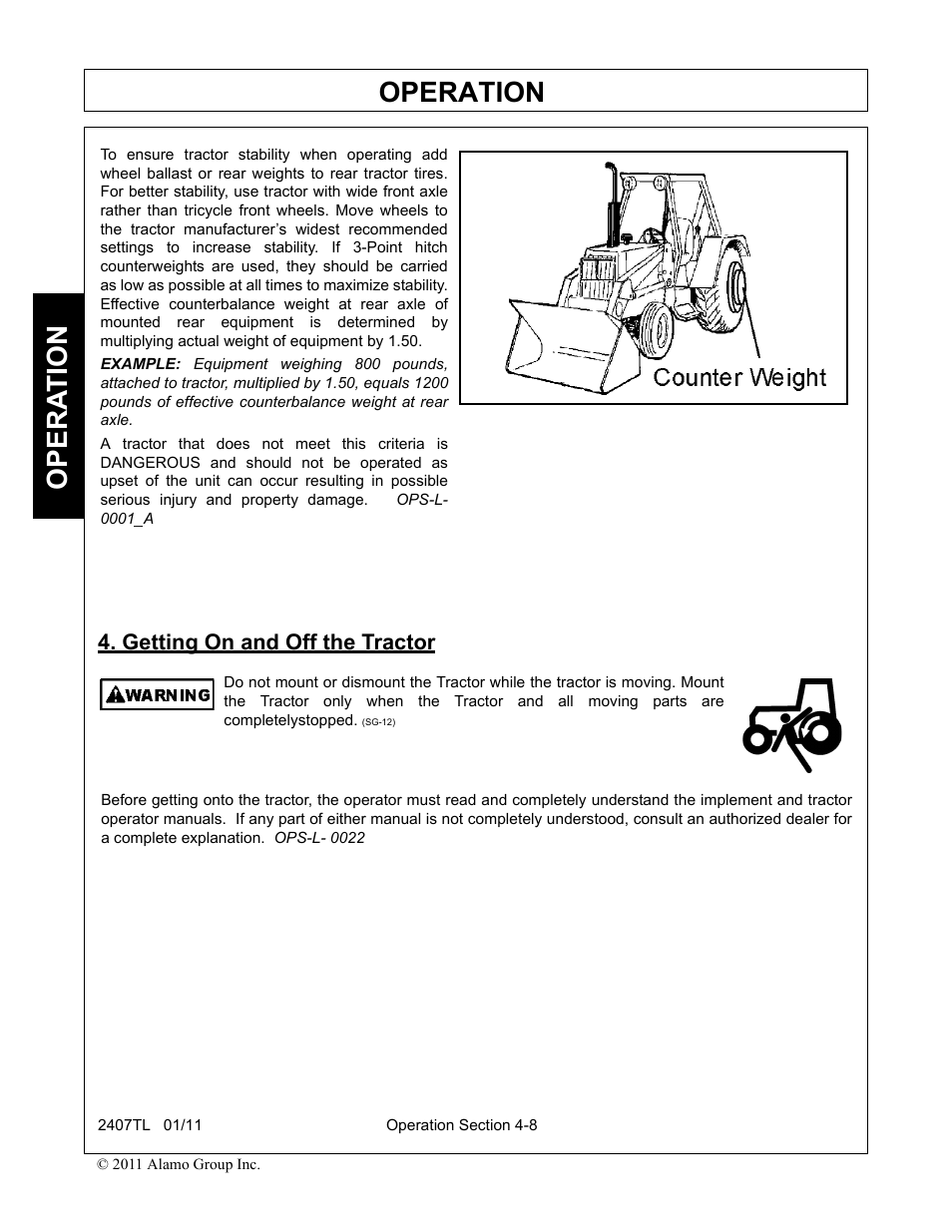 Getting on and off the tractor, Getting on and off the tractor -8, Operation | Opera t ion | Servis-Rhino 2407TL User Manual | Page 48 / 100