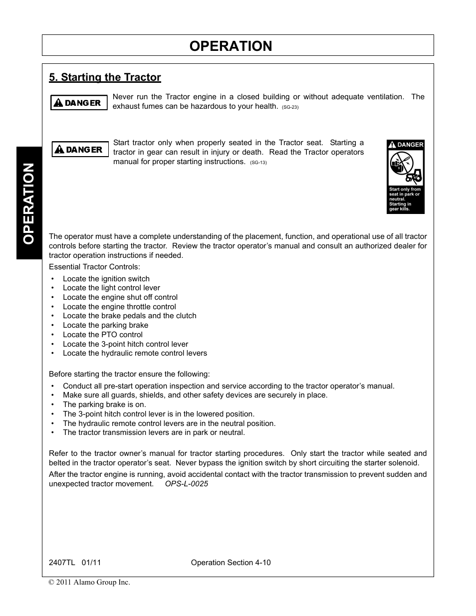 Starting the tractor, Starting the tractor -10, Operation | Opera t ion | Servis-Rhino 2407TL User Manual | Page 50 / 100