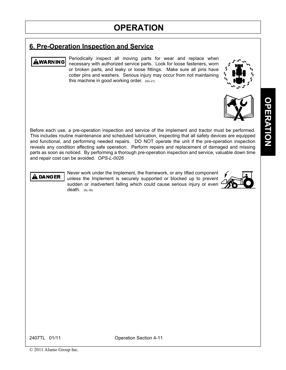 Pre-operation inspection and service, Pre-operation inspection and service -11, Operation | Opera t ion | Servis-Rhino 2407TL User Manual | Page 51 / 100