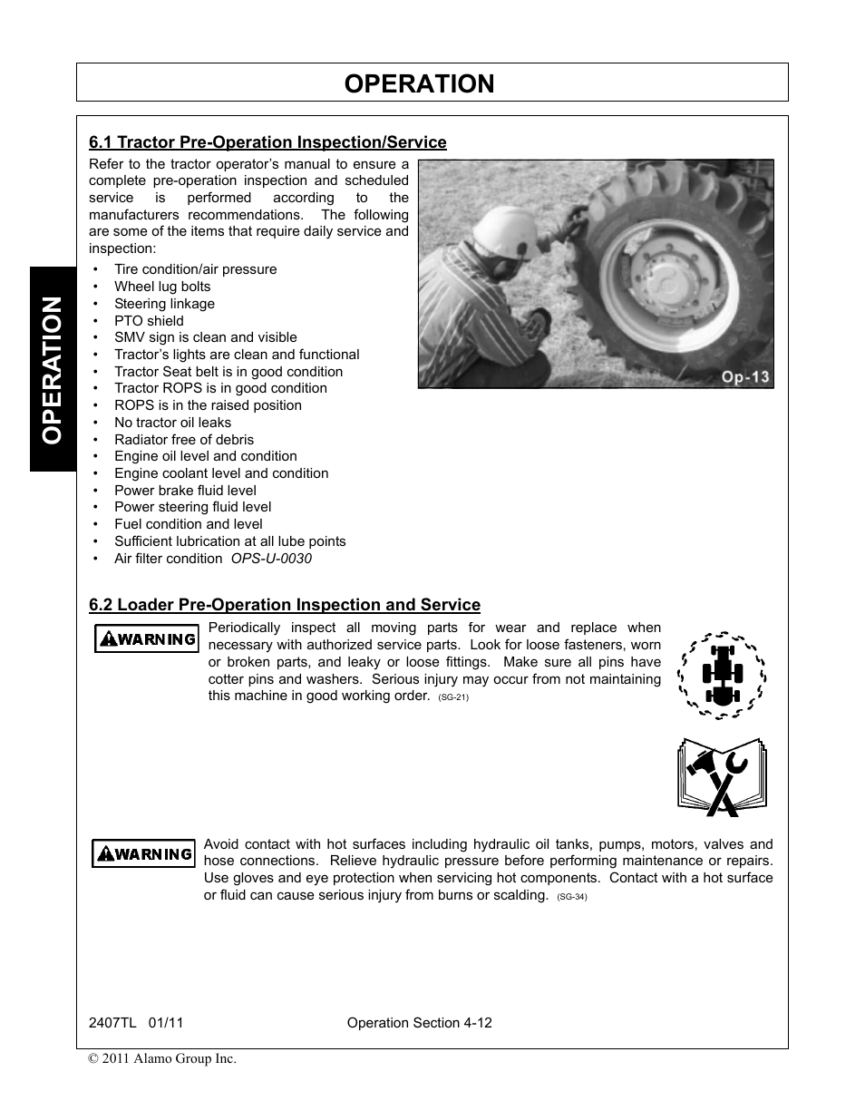 1 tractor pre-operation inspection/service, 2 loader pre-operation inspection and service, Operation | Opera t ion | Servis-Rhino 2407TL User Manual | Page 52 / 100