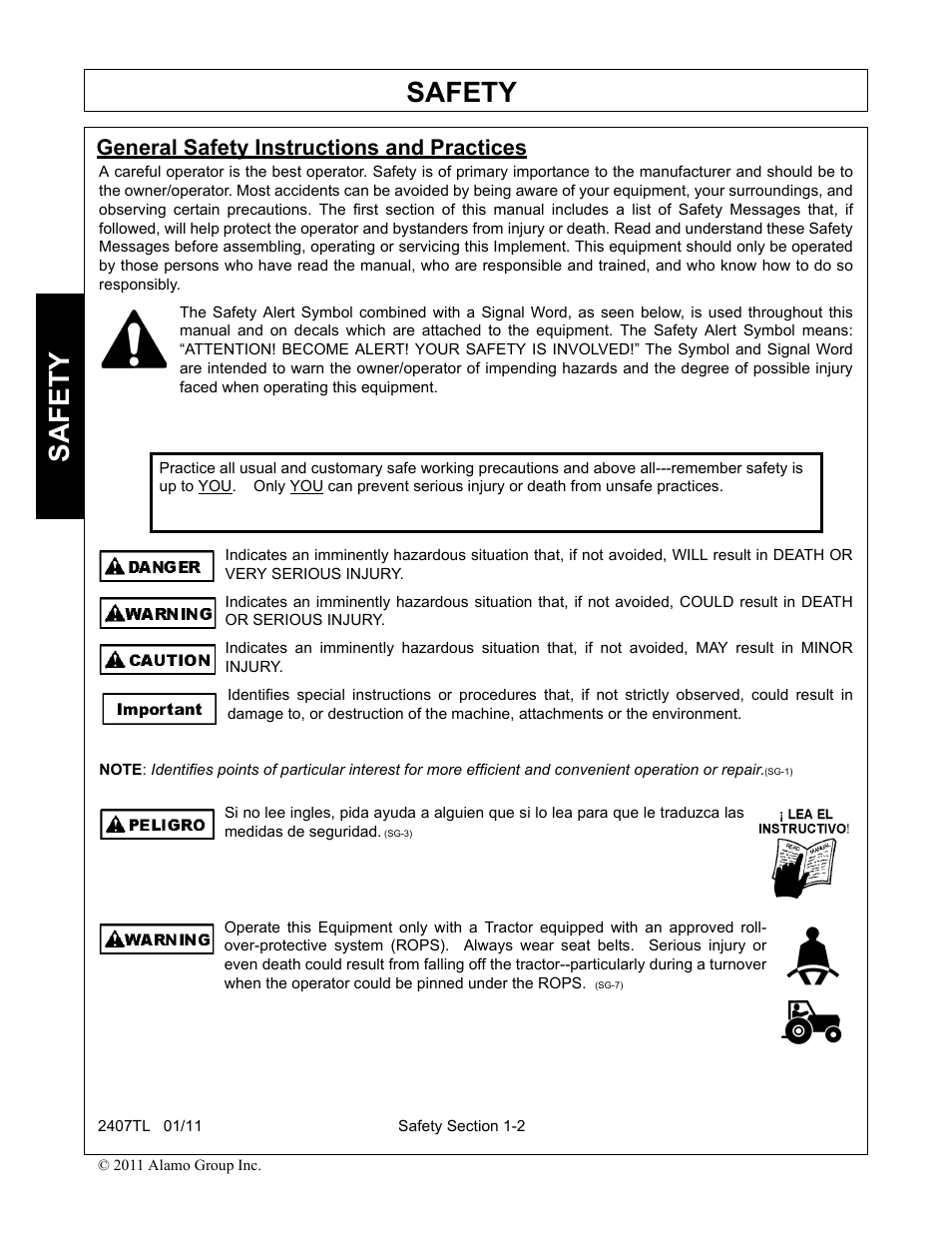 General safety instructions and practices, General safety instructions and practices -2, Safety | Servis-Rhino 2407TL User Manual | Page 6 / 100