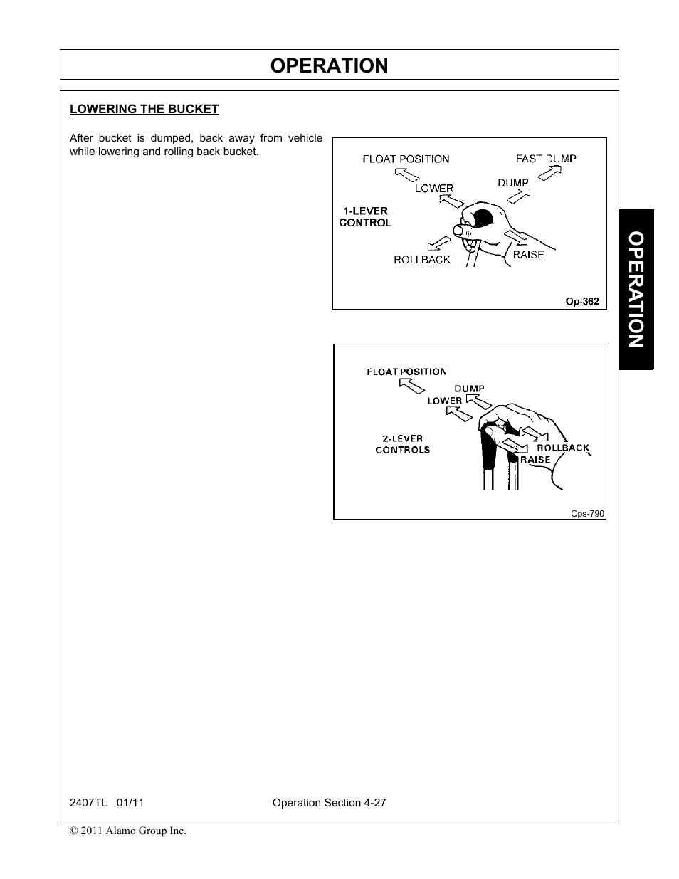 Lowering the bucket, Operation, Opera t ion | Servis-Rhino 2407TL User Manual | Page 67 / 100