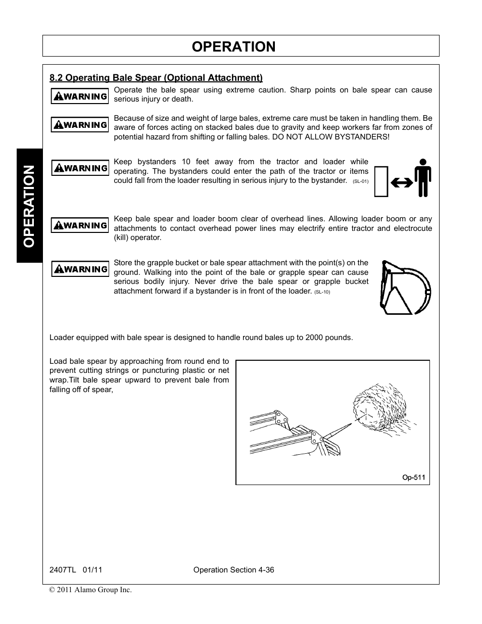 2 operating bale spear (optional attachment), Operating bale spear (optional attachment) -36, Operation | Opera t ion | Servis-Rhino 2407TL User Manual | Page 76 / 100