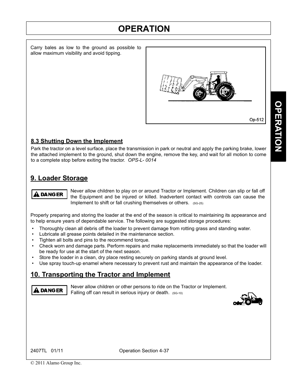 3 shutting down the implement, Loader storage, Transporting the tractor and implement | Operation, Opera t ion | Servis-Rhino 2407TL User Manual | Page 77 / 100