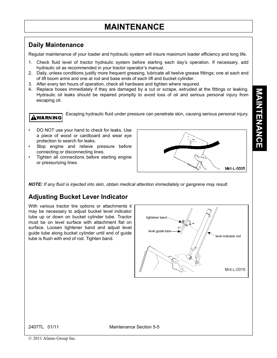 Daily maintenance, Adjusting bucket lever indicator, Maintenance | Servis-Rhino 2407TL User Manual | Page 89 / 100