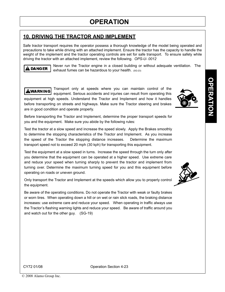 Driving the tractor and implement, Driving the tractor and implement -23, Operation | Opera t ion | Servis-Rhino CY72 User Manual | Page 105 / 136