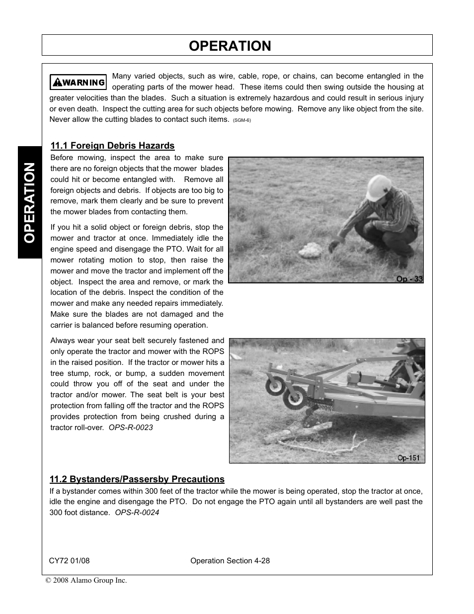 1 foreign debris hazards, 2 bystanders/passersby precautions, Operation | Opera t ion | Servis-Rhino CY72 User Manual | Page 110 / 136