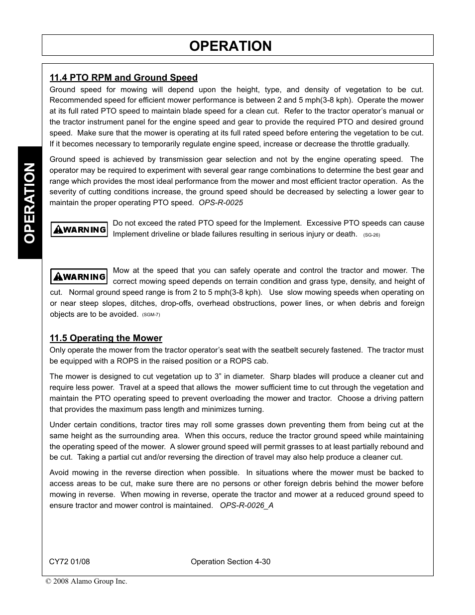 4 pto rpm and ground speed, 5 operating the mower, Operation | Opera t ion | Servis-Rhino CY72 User Manual | Page 112 / 136