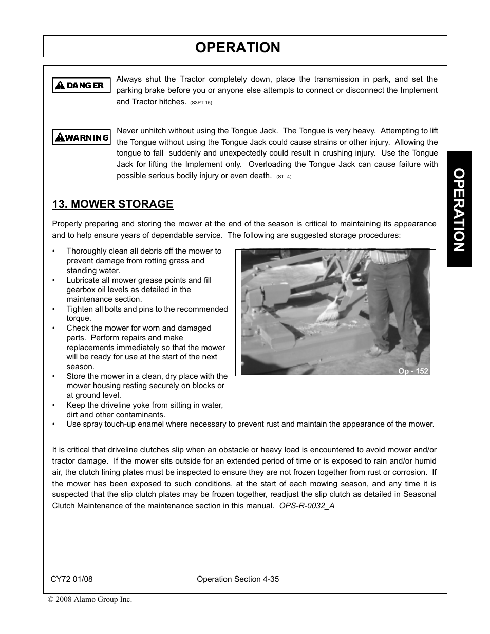 Mower storage, Mower storage -35, Operation | Opera t ion | Servis-Rhino CY72 User Manual | Page 117 / 136
