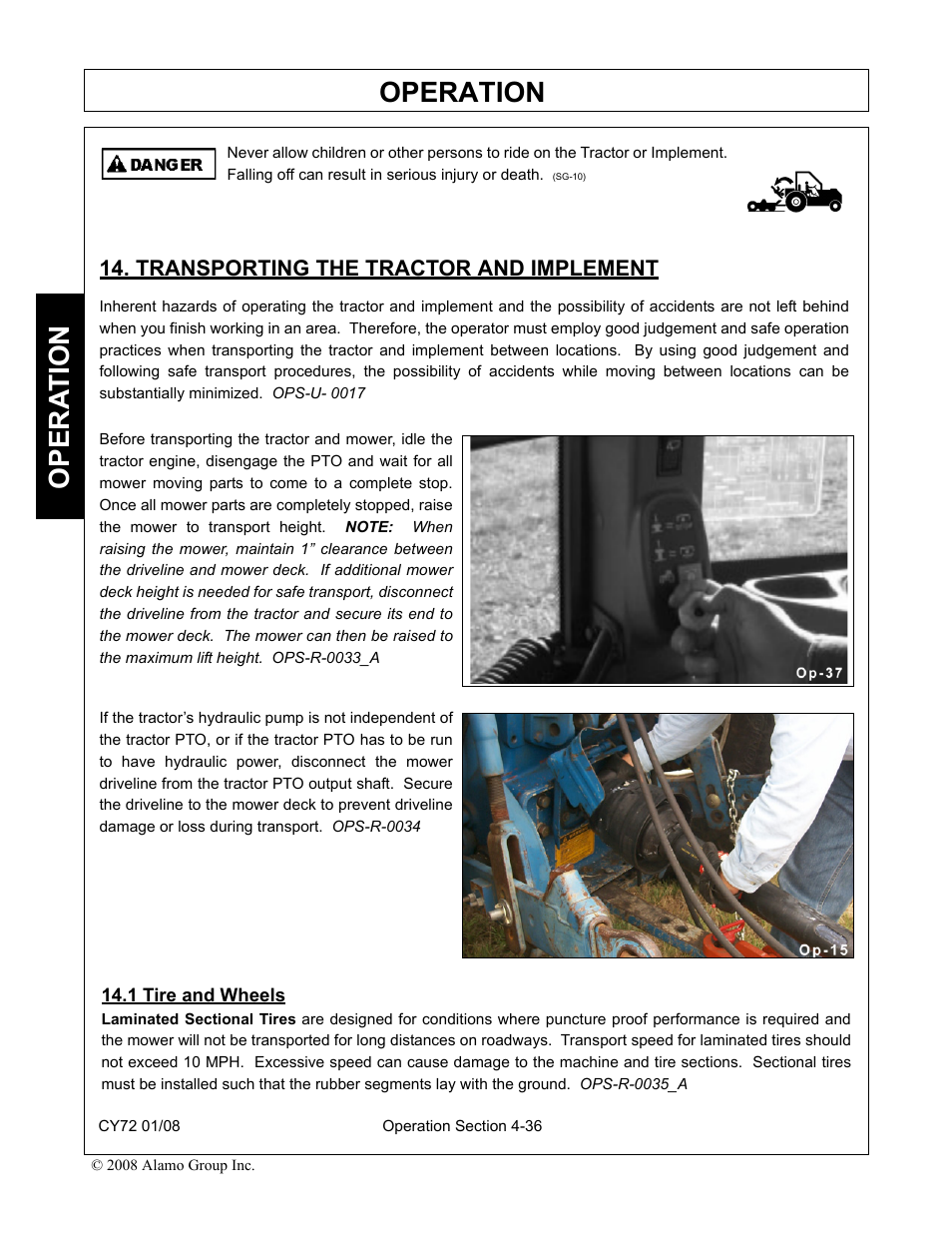 Transporting the tractor and implement, 1 tire and wheels, Operation | Opera t ion | Servis-Rhino CY72 User Manual | Page 118 / 136