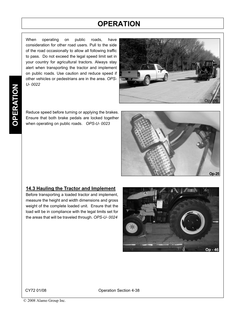 3 hauling the tractor and implement, Hauling the tractor and implement -38, Operation | Opera t ion | Servis-Rhino CY72 User Manual | Page 120 / 136