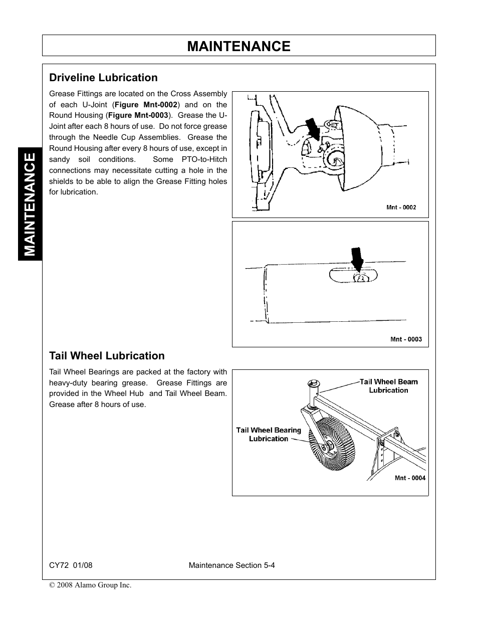 Driveline lubrication, Tail wheel lubrication, Driveline lubrication -4 tail wheel lubrication -4 | Maintenance | Servis-Rhino CY72 User Manual | Page 128 / 136