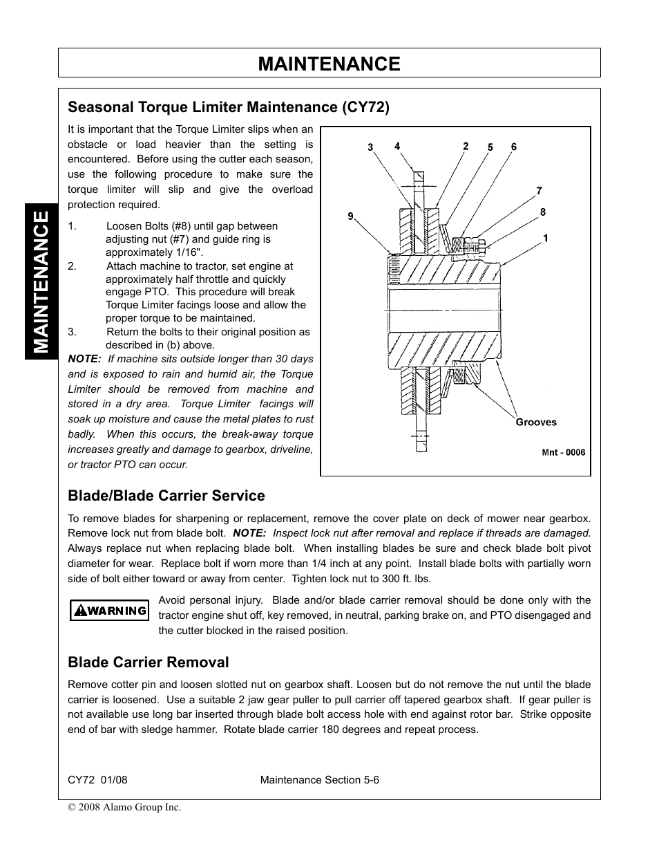 Seasonal torque limiter maintenance (cy72), Blade/blade carrier service, Blade carrier removal | Maintenance | Servis-Rhino CY72 User Manual | Page 130 / 136