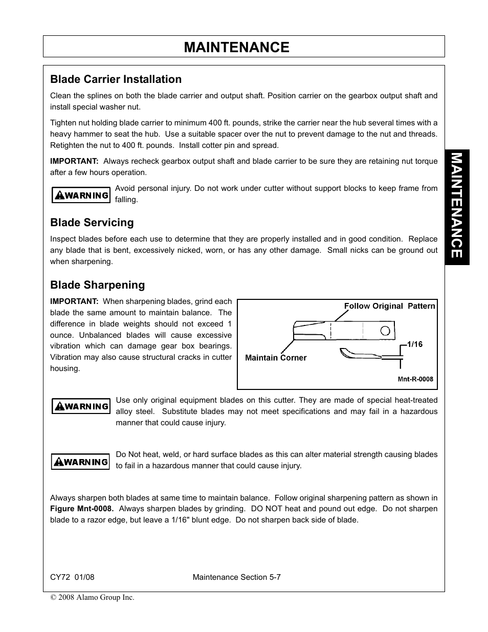 Blade carrier installation, Blade servicing, Blade sharpening | Maintenance | Servis-Rhino CY72 User Manual | Page 131 / 136