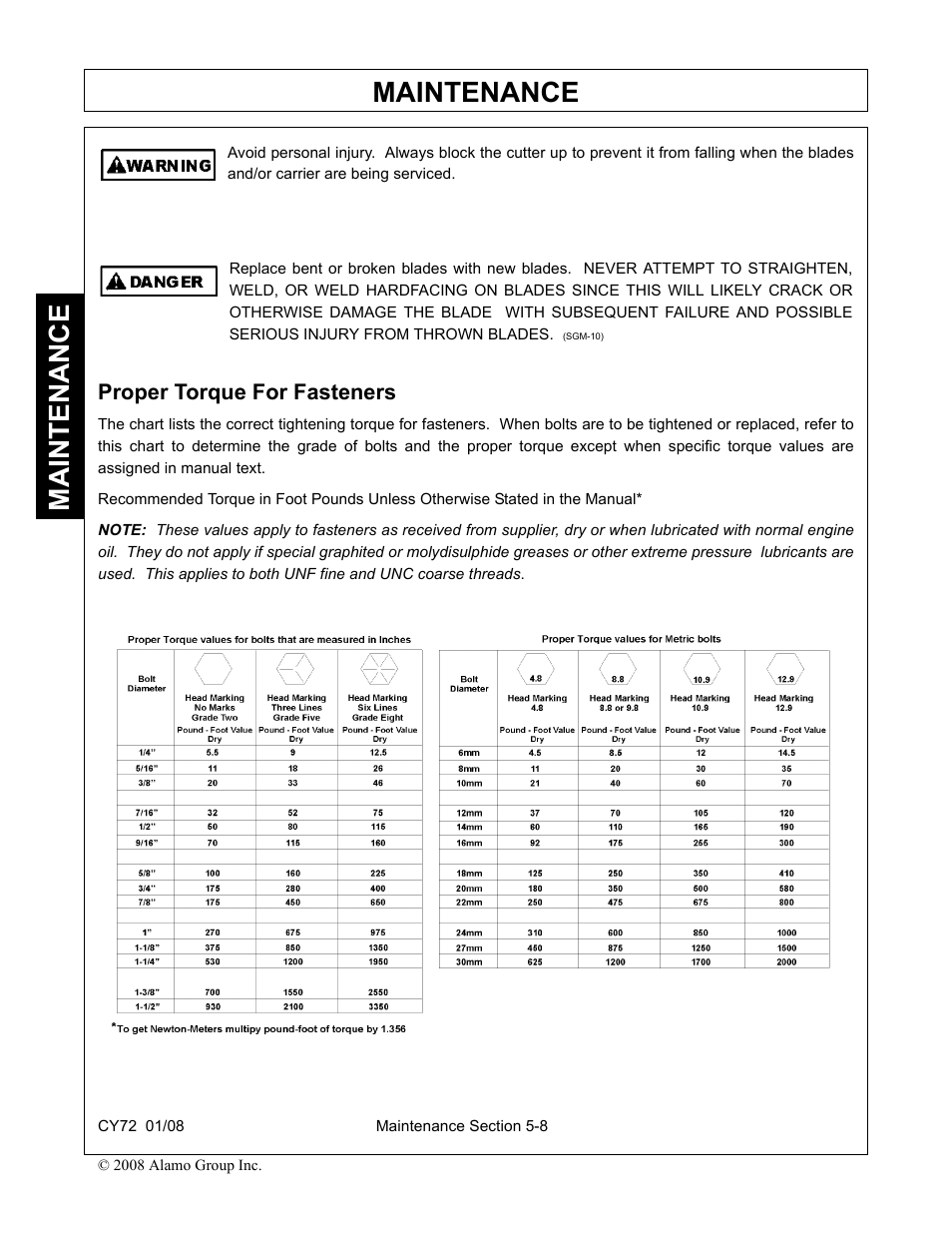 Proper torque for fasteners, Proper torque for fasteners -8, Maintenance | Servis-Rhino CY72 User Manual | Page 132 / 136