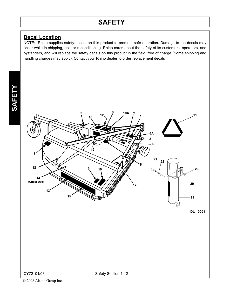 Decal location, Decal location -12, Safety | Servis-Rhino CY72 User Manual | Page 18 / 136
