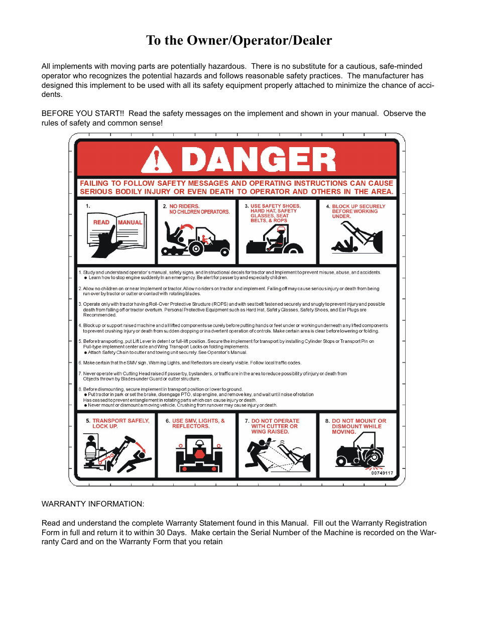 To the owner/operator/dealer | Servis-Rhino CY72 User Manual | Page 2 / 136