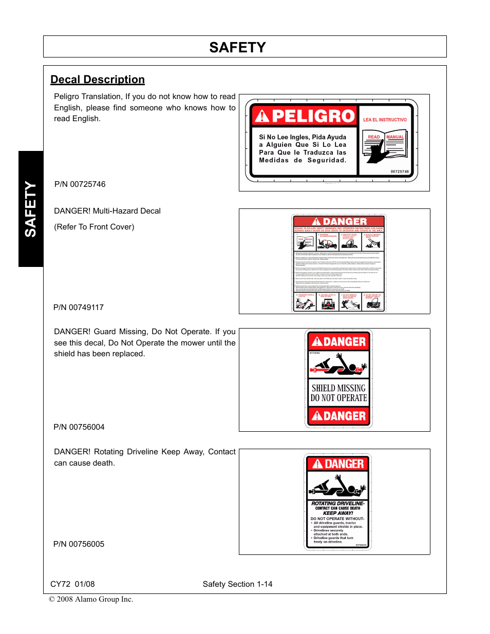 Decal description, Decal description -14, Safety | Servis-Rhino CY72 User Manual | Page 20 / 136