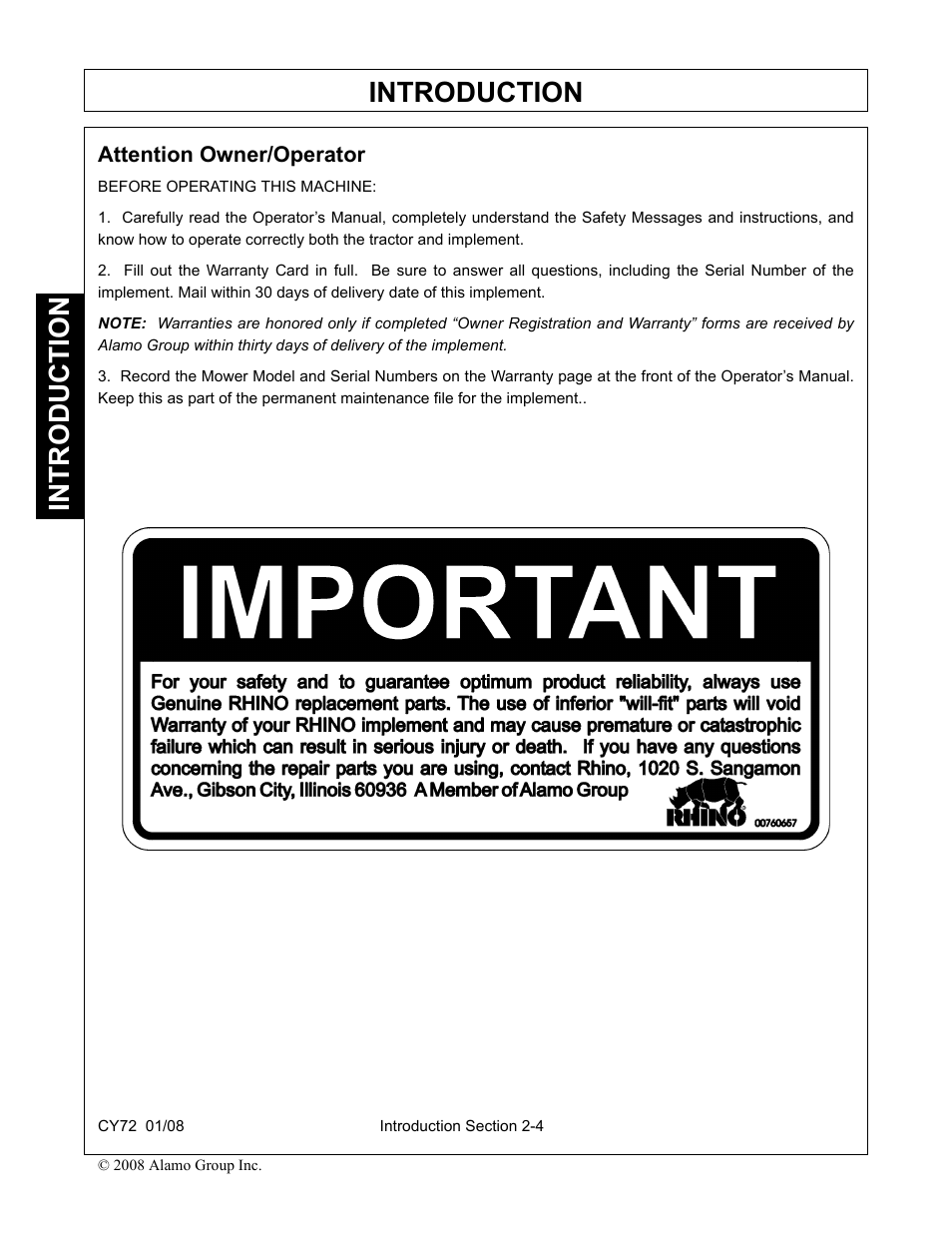Attention owner/operator, Attention owner/operator -4, Introduction | Servis-Rhino CY72 User Manual | Page 74 / 136