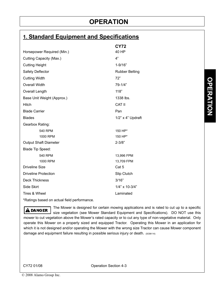 Standard equipment and specifications, Cy72, Standard equipment and specifications -3 | Operation, Opera t ion | Servis-Rhino CY72 User Manual | Page 85 / 136