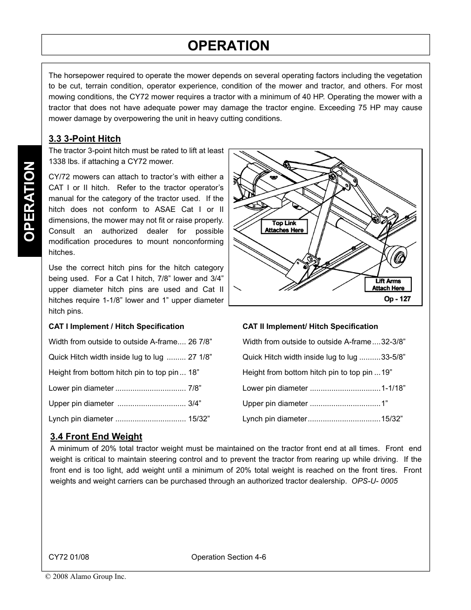 3 3-point hitch, 4 front end weight, Point hitch -6 front end weight -6 | Operation, Opera t ion | Servis-Rhino CY72 User Manual | Page 88 / 136