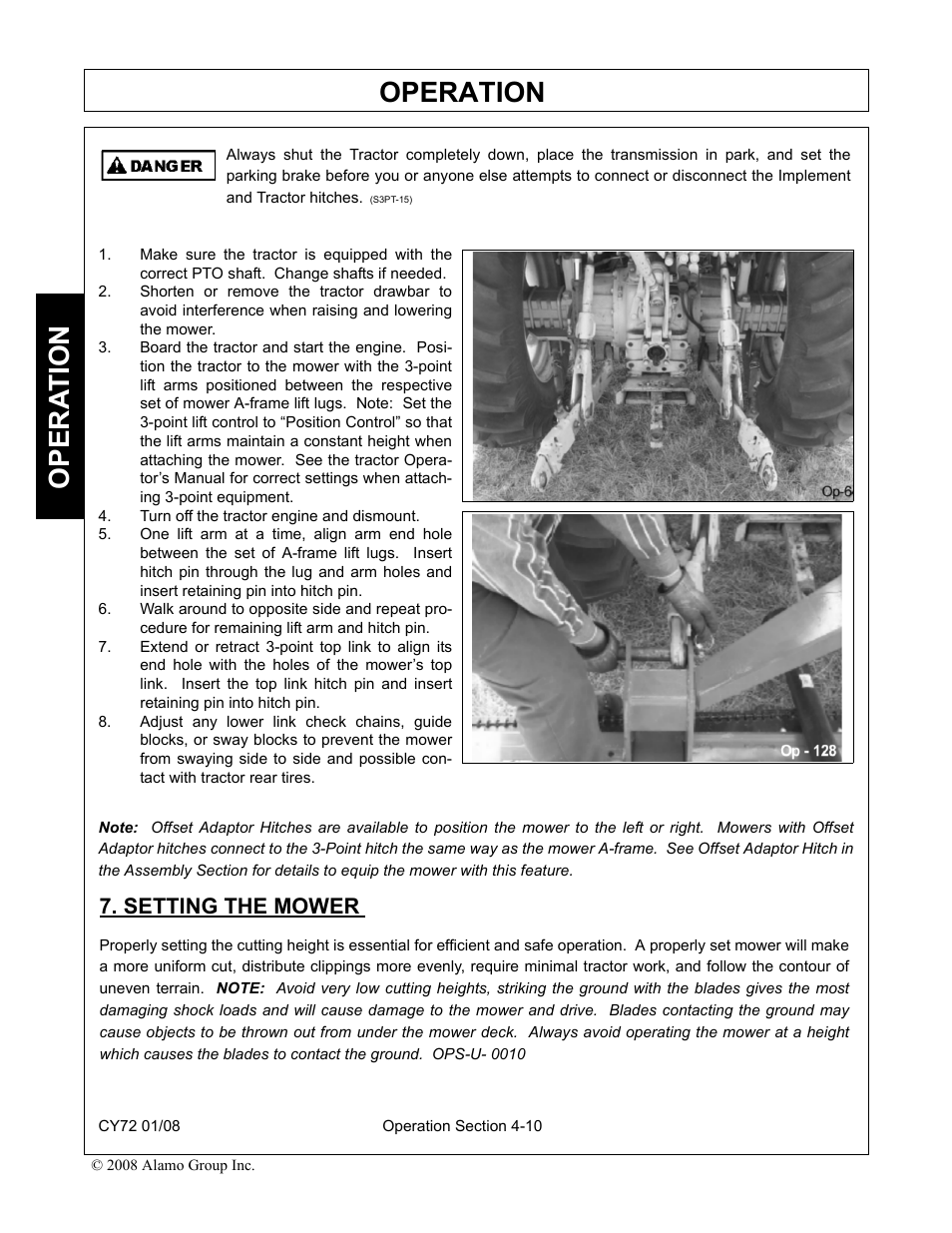 Turn off the tractor engine and dismount, Setting the mower, Setting the mower -10 | Operation, Opera t ion | Servis-Rhino CY72 User Manual | Page 92 / 136