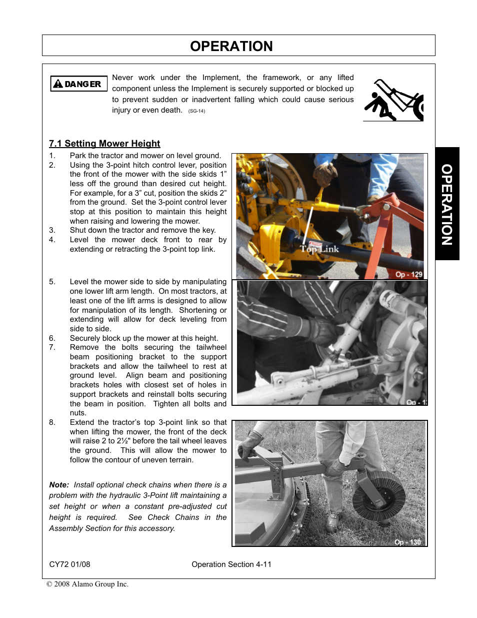 1 setting mower height, Park the tractor and mower on level ground, Shut down the tractor and remove the key | Securely block up the mower at this height, Setting mower height -11, Operation, Opera t ion | Servis-Rhino CY72 User Manual | Page 93 / 136