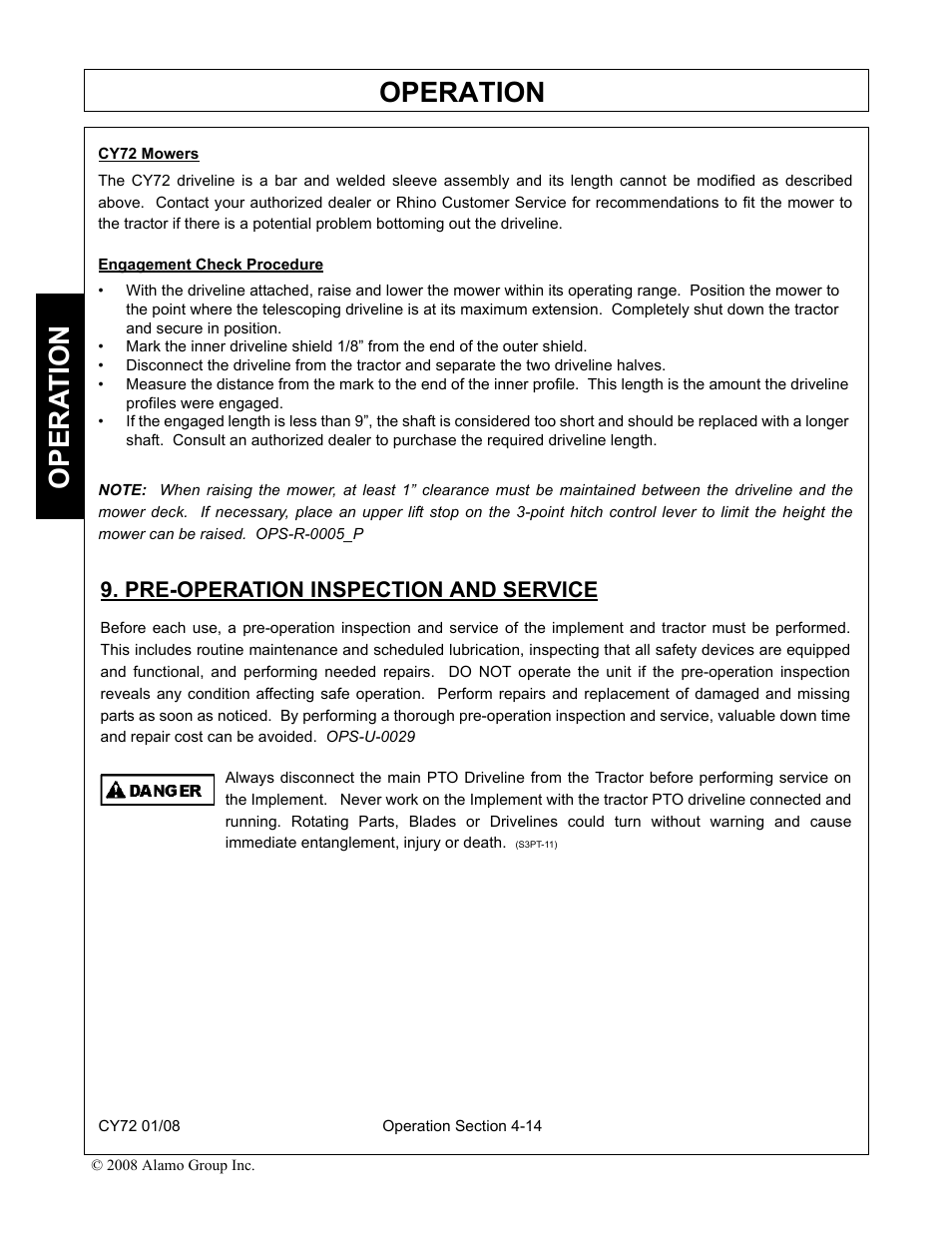 Pre-operation inspection and service, Pre-operation inspection and service -14, Operation | Opera t ion | Servis-Rhino CY72 User Manual | Page 96 / 136