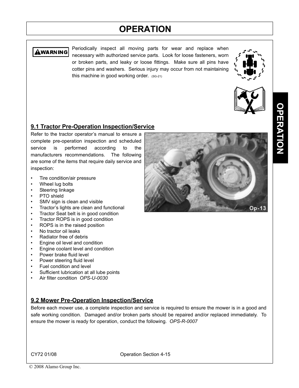 1 tractor pre-operation inspection/service, 2 mower pre-operation inspection/service, Operation | Opera t ion | Servis-Rhino CY72 User Manual | Page 97 / 136