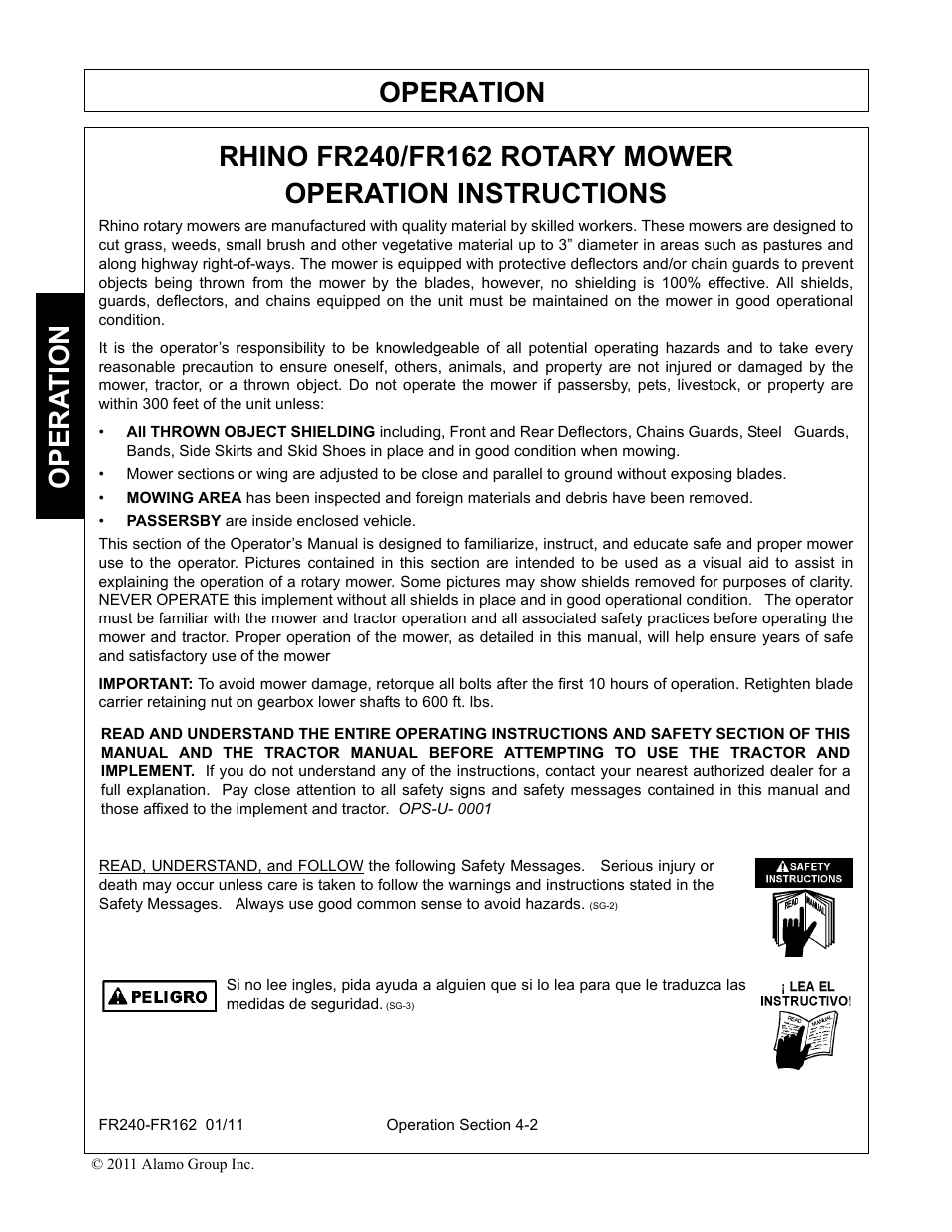 Rhino fr240/fr162 rotary mower, Operation instructions, Operation | Servis-Rhino FR162 User Manual | Page 108 / 196