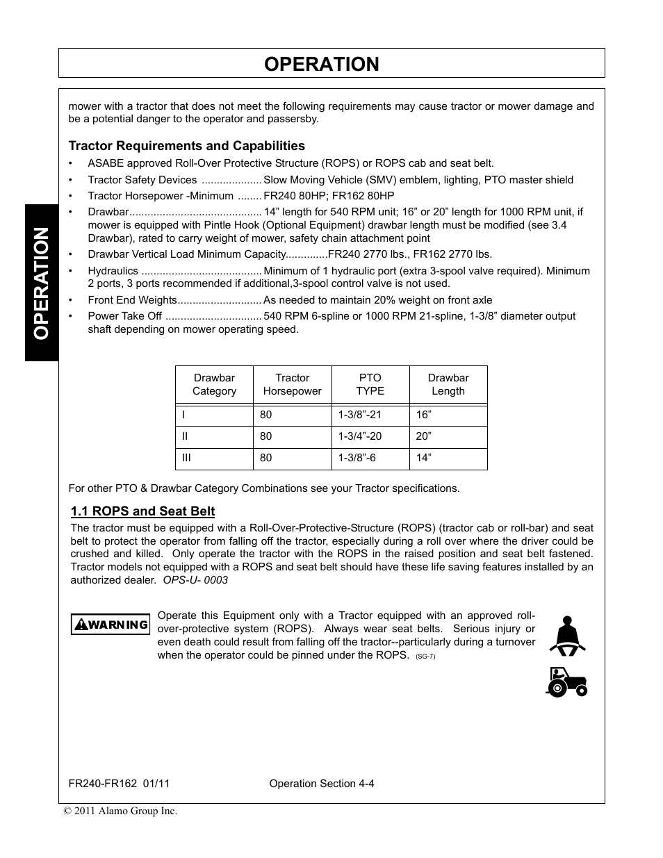 Tractor requirements and capabilities, 1 rops and seat belt, Rops and seat belt -4 | Operation, Opera t ion | Servis-Rhino FR162 User Manual | Page 110 / 196