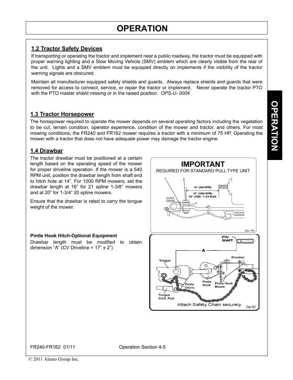 2 tractor safety devices, 3 tractor horsepower, 4 drawbar | Operation, Opera t ion | Servis-Rhino FR162 User Manual | Page 111 / 196