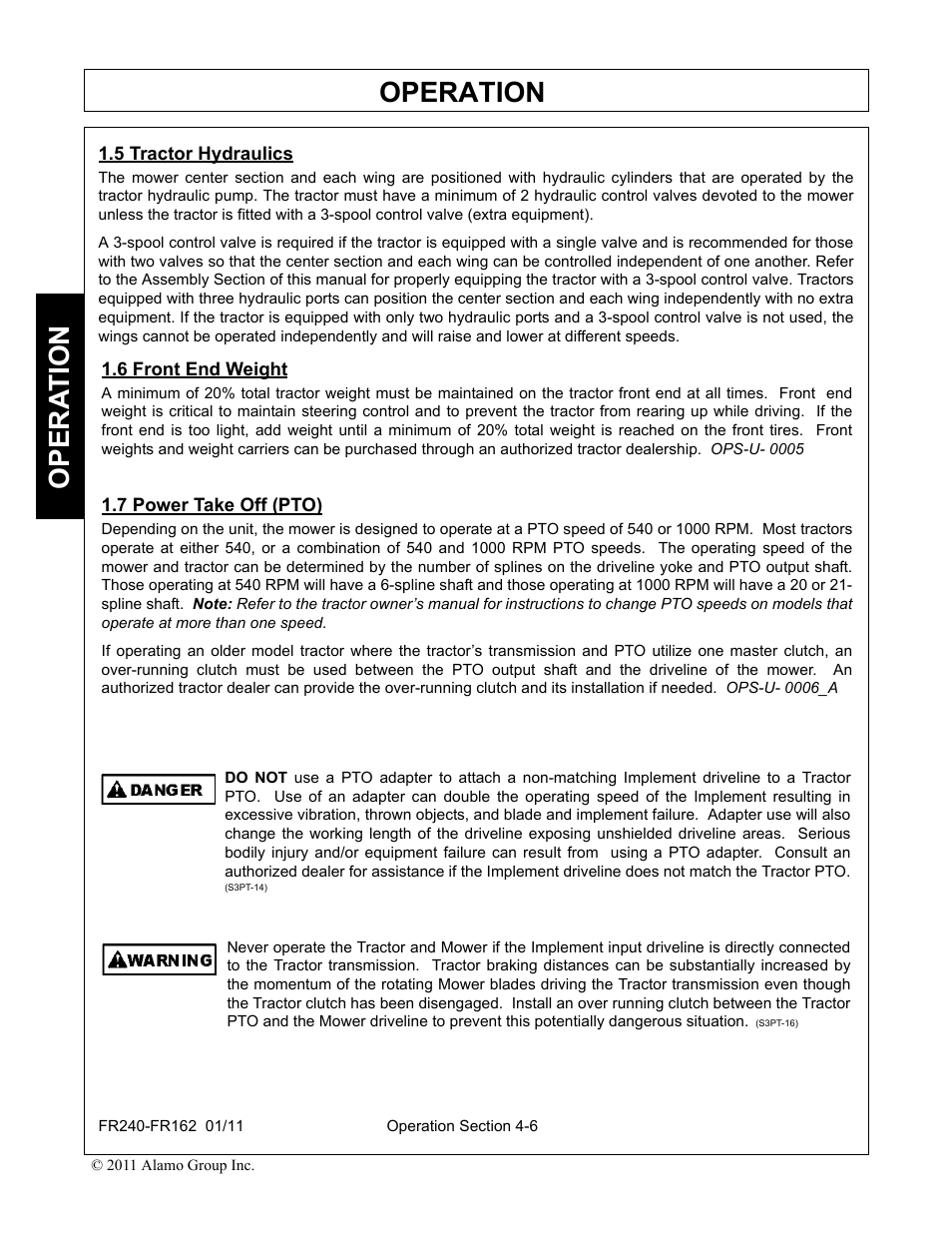 5 tractor hydraulics, 6 front end weight, 7 power take off (pto) | Operation, Opera t ion | Servis-Rhino FR162 User Manual | Page 112 / 196