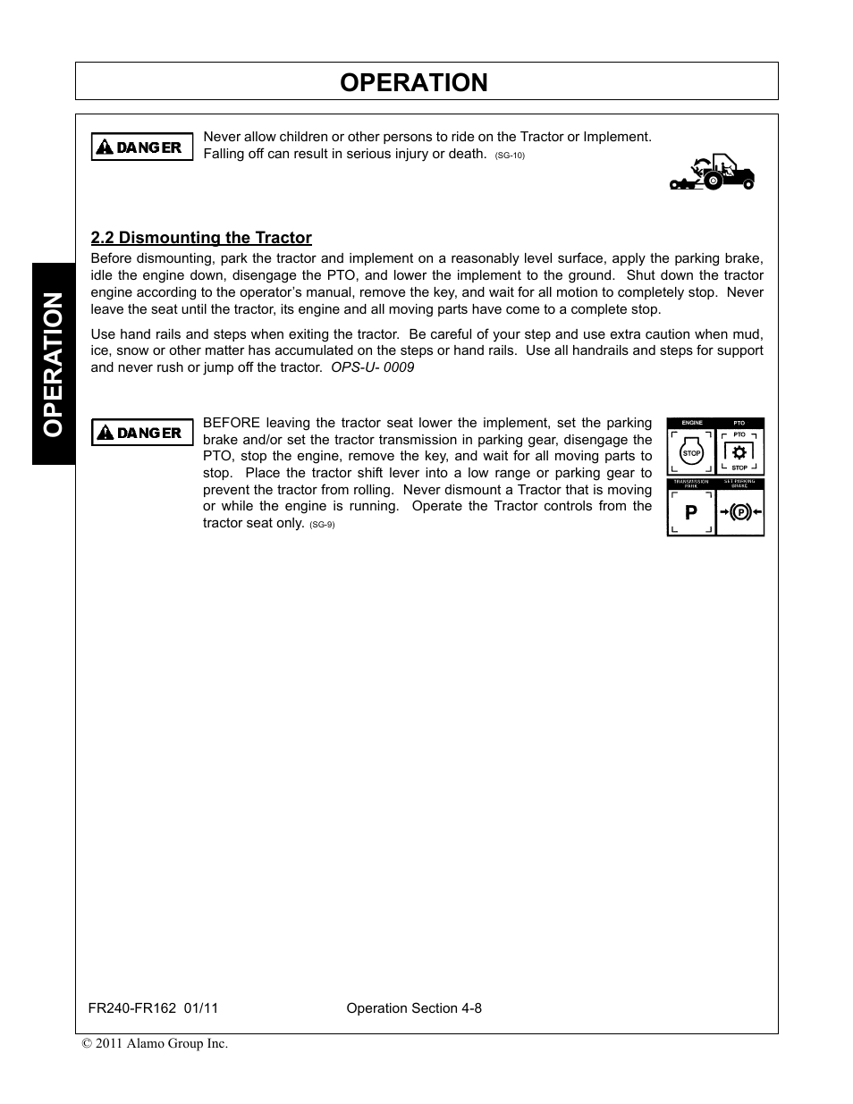2 dismounting the tractor, Dismounting the tractor -8, Operation | Opera t ion | Servis-Rhino FR162 User Manual | Page 114 / 196