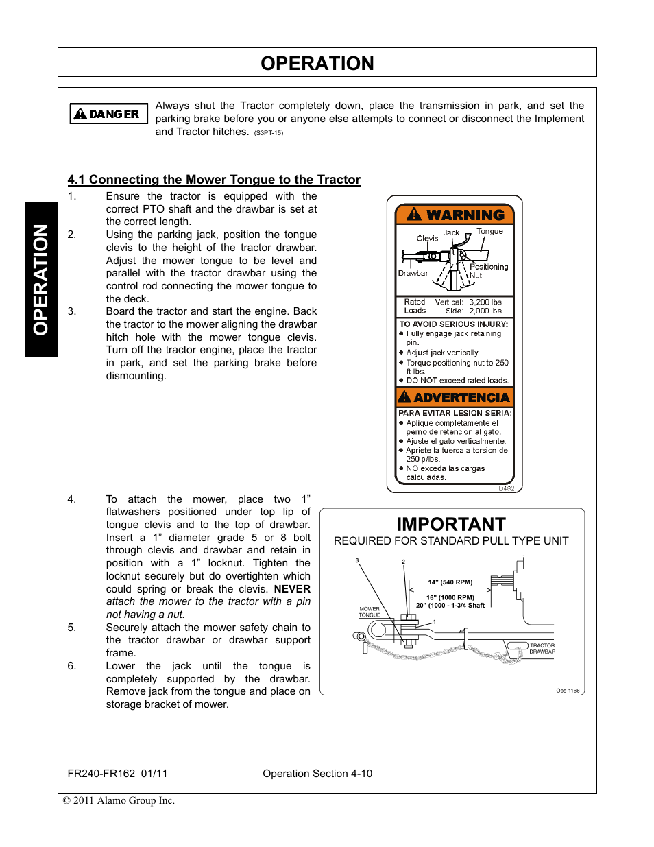 1 connecting the mower tongue to the tractor, Connecting the mower tongue to the tractor -10, Operation | Opera t ion | Servis-Rhino FR162 User Manual | Page 116 / 196