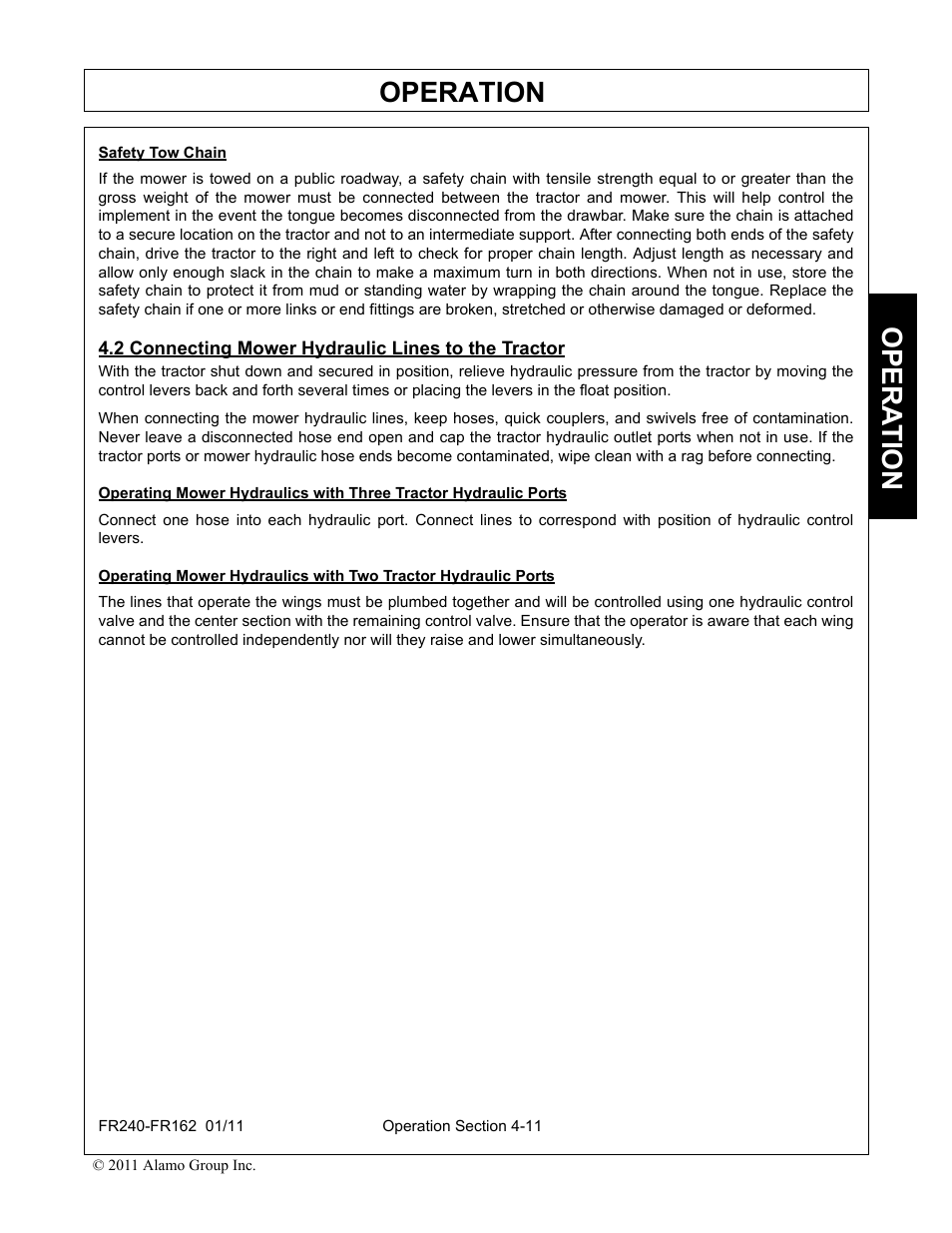 Safety tow chain, 2 connecting mower hydraulic lines to the tractor, Operation | Opera t ion | Servis-Rhino FR162 User Manual | Page 117 / 196