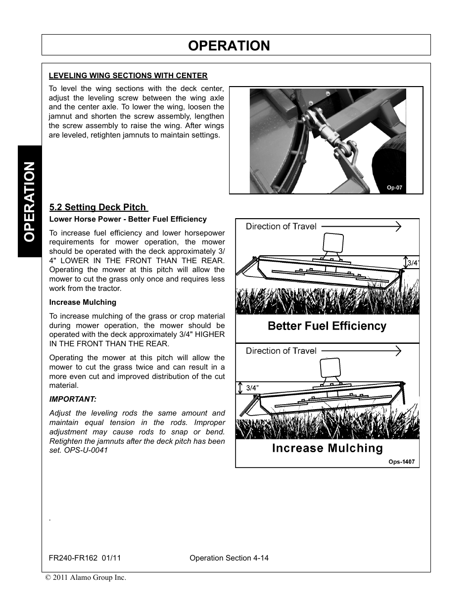 Leveling wing sections with center, 2 setting deck pitch, Setting deck pitch -14 | Operation, Opera t ion | Servis-Rhino FR162 User Manual | Page 120 / 196