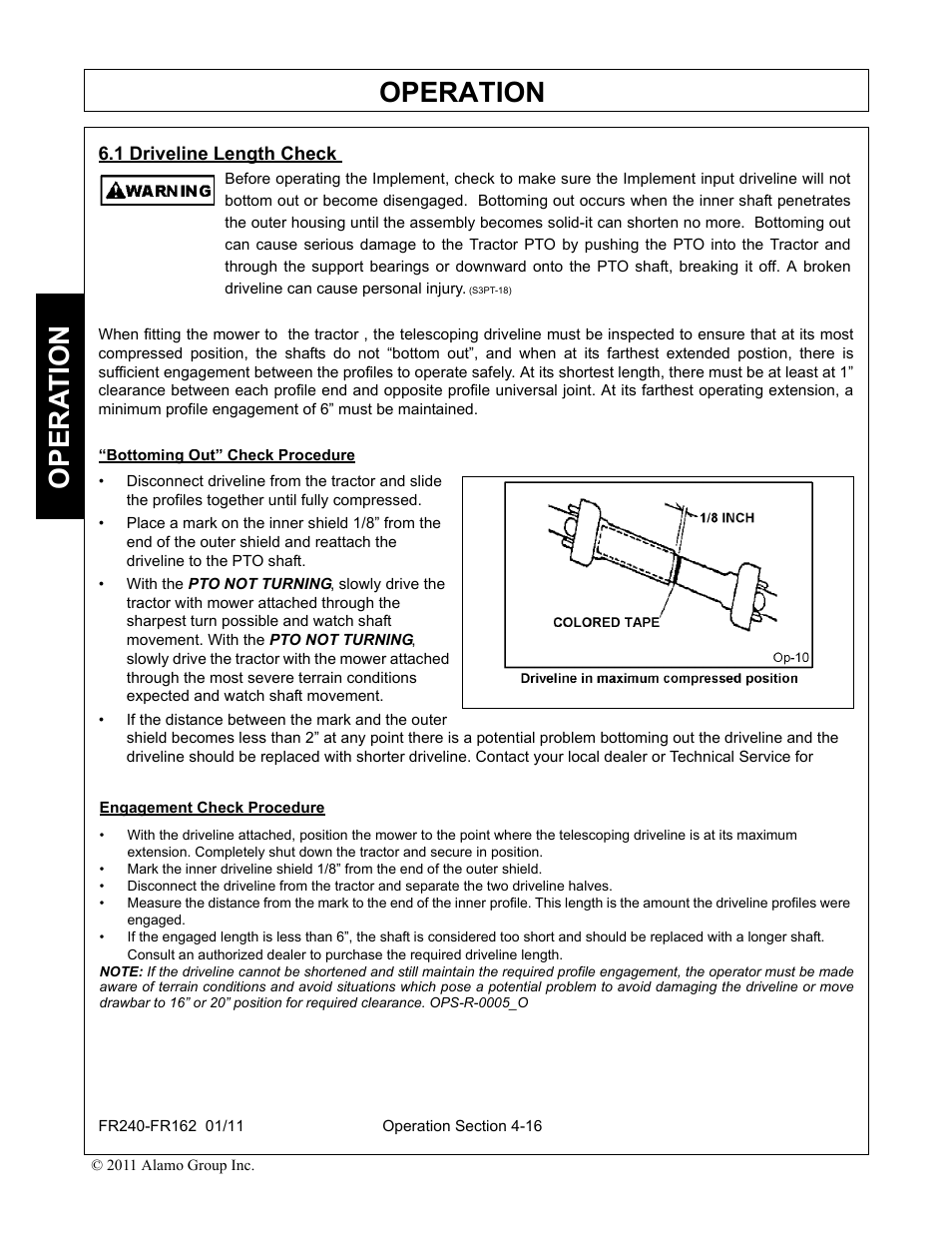 1 driveline length check, Driveline length check -16, Operation | Opera t ion | Servis-Rhino FR162 User Manual | Page 122 / 196