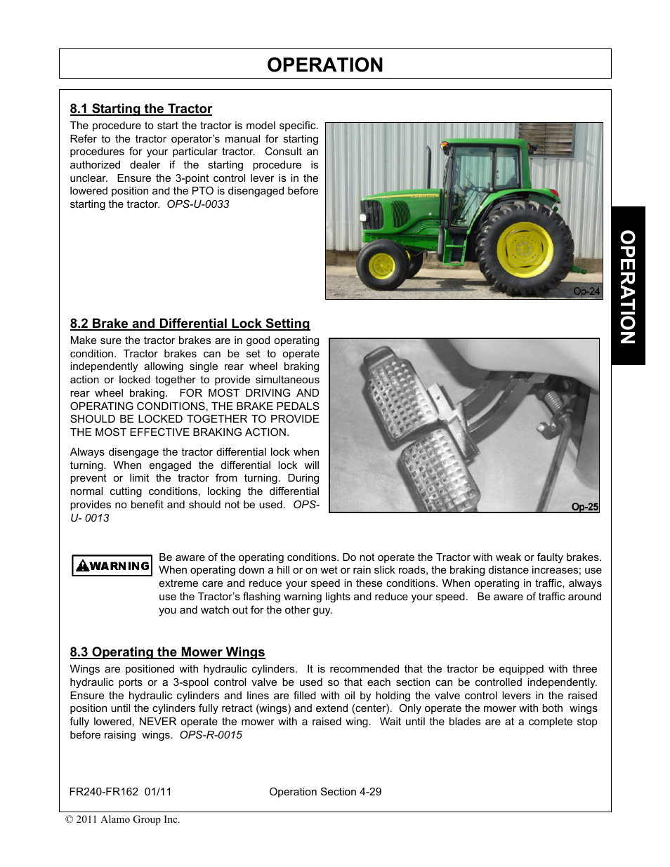 1 starting the tractor, 2 brake and differential lock setting, 3 operating the mower wings | Operation, Opera t ion | Servis-Rhino FR162 User Manual | Page 135 / 196