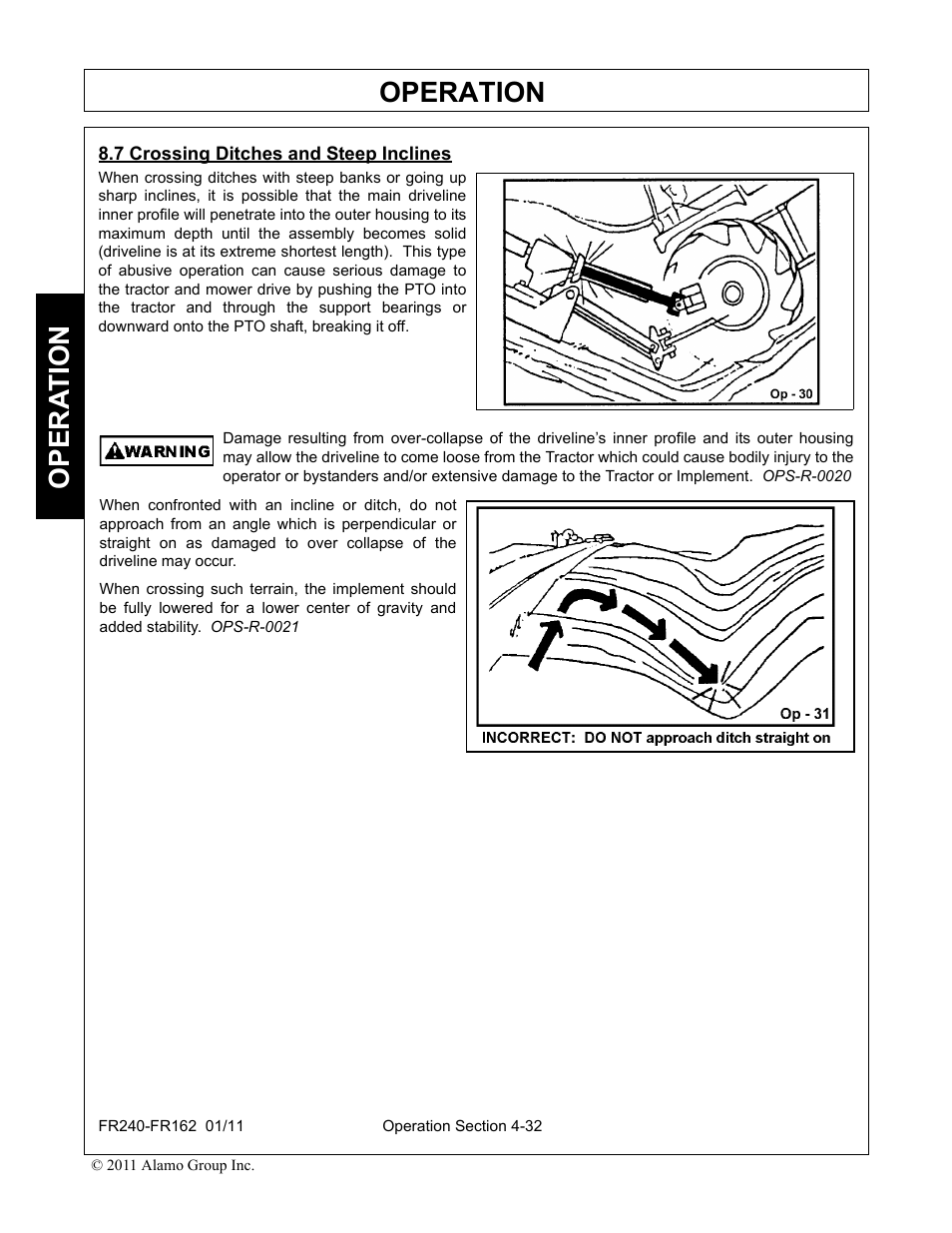 7 crossing ditches and steep inclines, Crossing ditches and steep inclines -32, Operation | Opera t ion | Servis-Rhino FR162 User Manual | Page 138 / 196