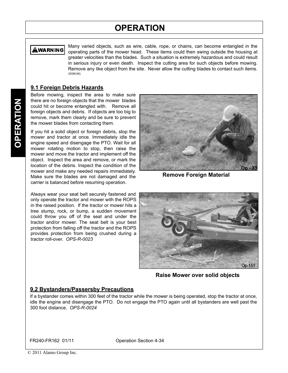 1 foreign debris hazards, 2 bystanders/passersby precautions, Operation | Opera t ion | Servis-Rhino FR162 User Manual | Page 140 / 196