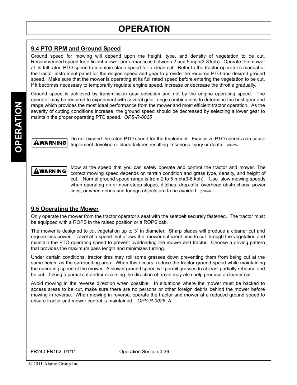 4 pto rpm and ground speed, 5 operating the mower, Operation | Opera t ion | Servis-Rhino FR162 User Manual | Page 142 / 196