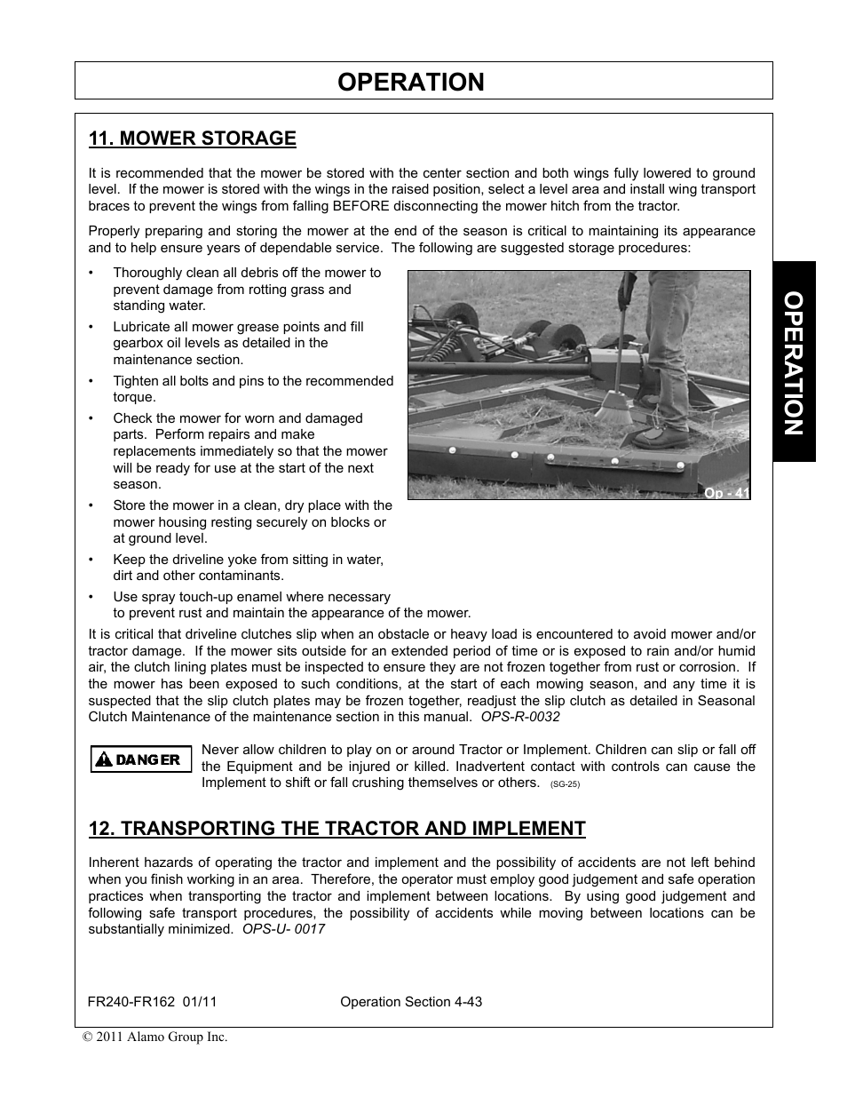 Mower storage, Transporting the tractor and implement, Operation | Opera t ion | Servis-Rhino FR162 User Manual | Page 149 / 196