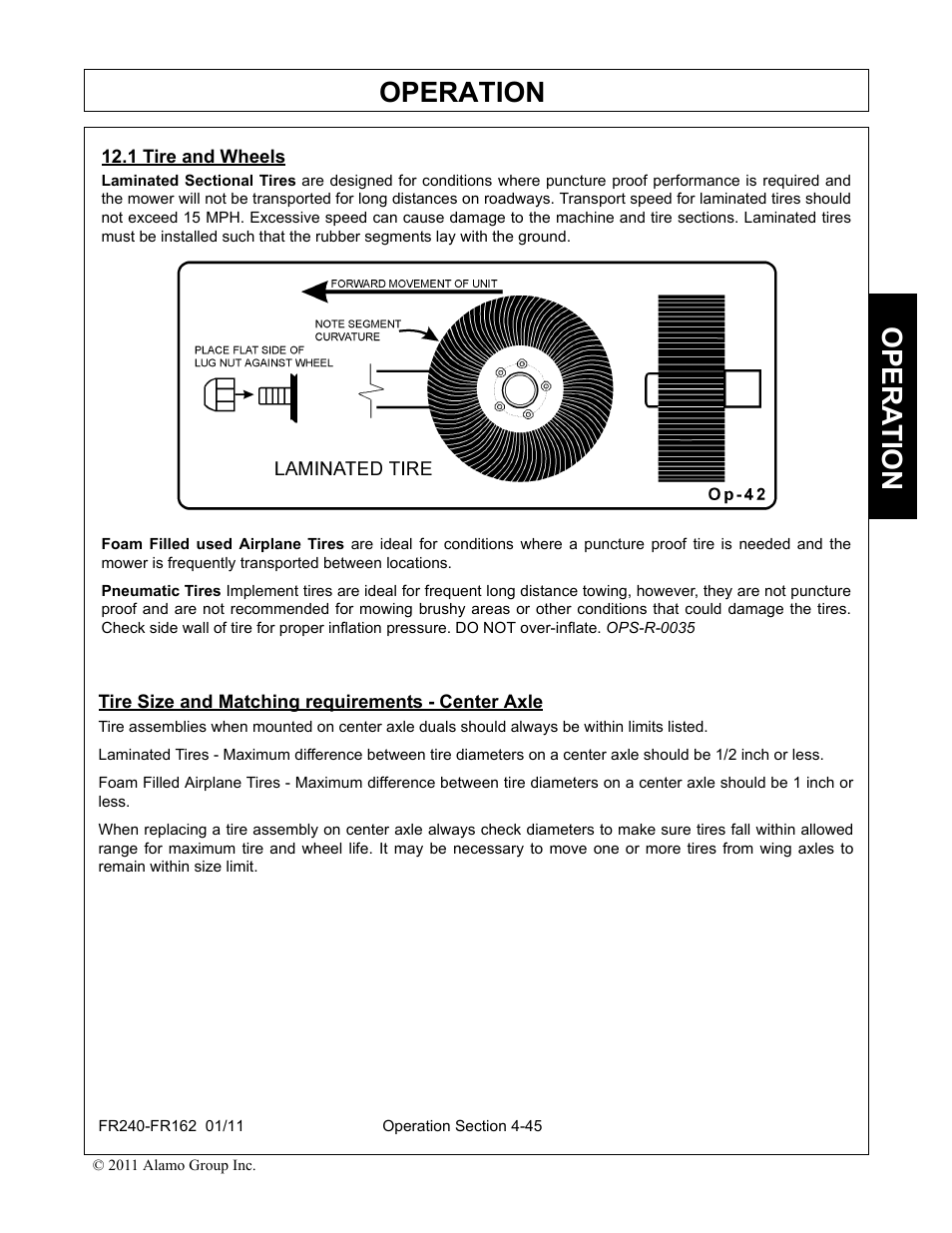 1 tire and wheels, Tire size and matching requirements - center axle, Tire and wheels -45 | Operation, Opera t ion | Servis-Rhino FR162 User Manual | Page 151 / 196