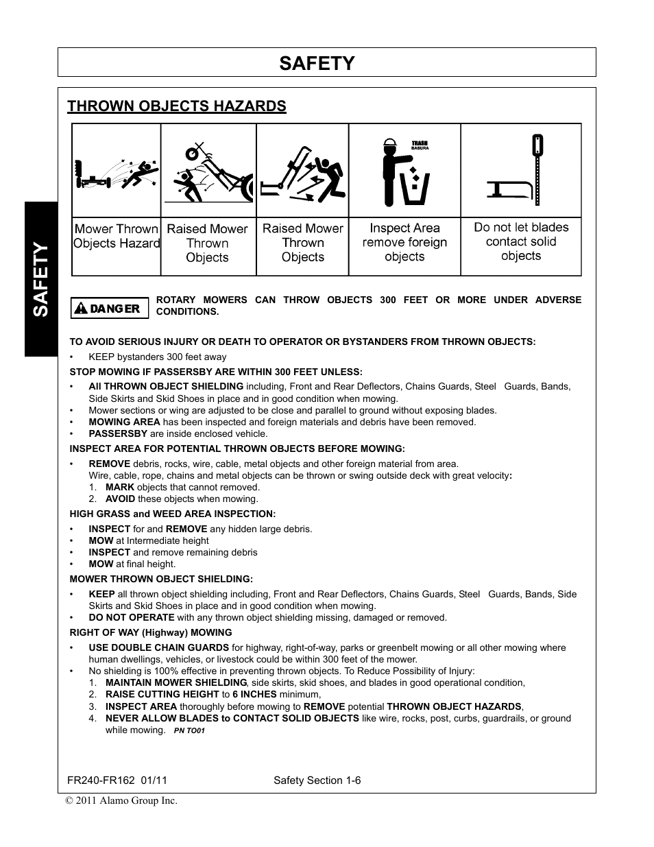 Thrown objects hazards, Mark objects that cannot removed, Avoid these objects when mowing | Raise cutting height to 6 inches minimum, Safety | Servis-Rhino FR162 User Manual | Page 16 / 196