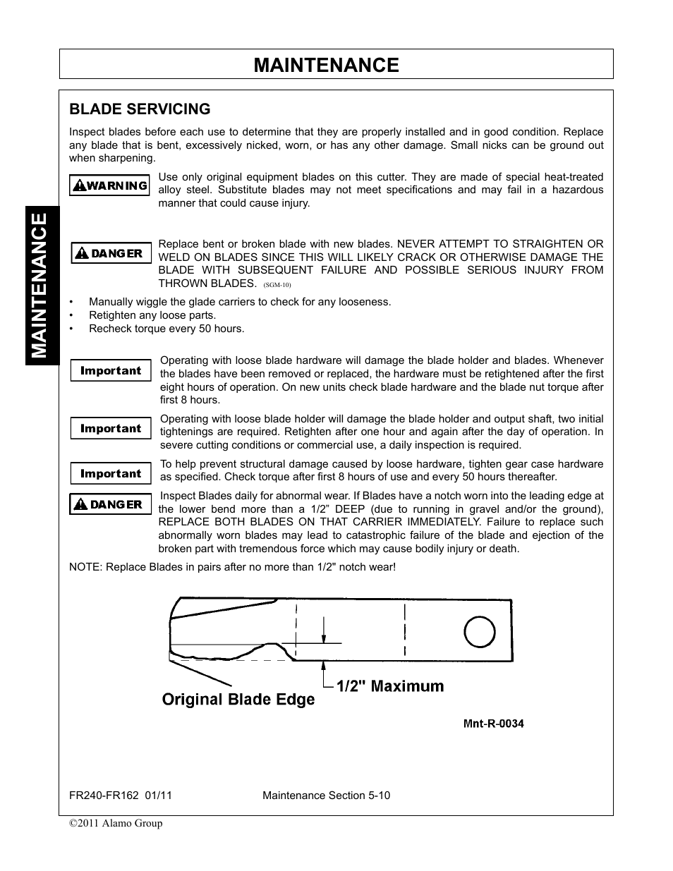 Blade servicing, Blade servicing -10, Maintenance | Servis-Rhino FR162 User Manual | Page 166 / 196